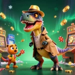 Bermain di situs slot gacor hari ini dengan karakter dinosaurus lucu di meja judi dan suasana ceria.