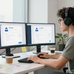 Developer focused on creating the 纸飞机中文版 app in a bright, modern workspace with dual monitors.