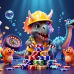 Engage with slotbesar through a vibrant scene featuring a triceratops and a parasaurolophus amid casino excitement.