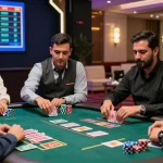 Players enjoying the Andar Bahar game in a lively casino setting, with a dealer handling cards and vibrant atmosphere.
