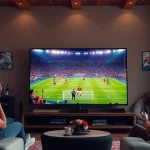 Streaming bolakami dengan tampilan antarmuka menarik di ruang tamu yang ramai.