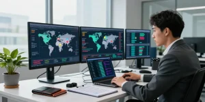 Recover stolen cryptocurrency with expert analysis in a modern office filled with technology and blockchain data.