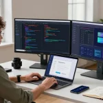 Developer at workspace coding on dual monitors showcasing features found on teiegramin.com