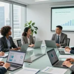 Team discussing MBM strategies in a modern corporate office setting