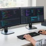 Developer at a modern workspace showcasing coding on dual monitors at telegramin-cn.com