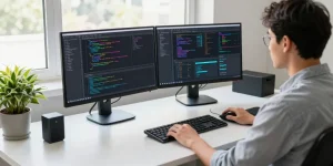 Developer at a modern workspace showcasing coding on dual monitors at telegramin-cn.com