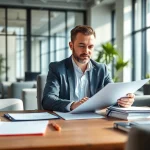 Consultant managing contracts and grants in a modern office with organized paperwork.