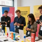 Fotografo Commerciale che cattura immagini di un evento aziendale con prodotti e clienti