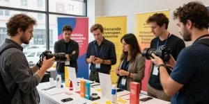 Fotografo Commerciale che cattura immagini di un evento aziendale con prodotti e clienti