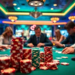 Permainan poker oja89 di kasino dengan pemain fokus dan suasana ceria.