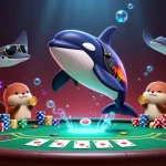 Play exciting games at sunwint1 with a vibrant scene featuring an orca, stingray, and playful otters.