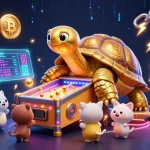 Experience the excitement of bolaslot99 with a stunning 3D scene of a golden tortoise pinball machine bursting with crypto elements.