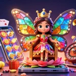 Mainkan slot penuh warna dengan ilustrasi ratu kupu-kupu dan elemen kasino menarik lainnya.