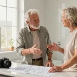Safehome expert advising elderly couple on bathroom safety renovations, promoting comfort and accessibility.