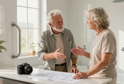 Safehome expert advising elderly couple on bathroom safety renovations, promoting comfort and accessibility.