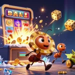 Engage with Leci123's thrilling heist scene featuring 3D cartoon ants, a jackpot explosion, and vibrant casino elements.