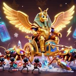 Experience KUWIN with a vibrant casino scene featuring a golden scarab, glowing cryptocurrency, and dynamic game elements.