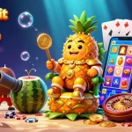 No deposit bonus casino illustration showcasing vibrant characters and slot game elements with a golden pineapple king.