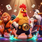 Lazadatoto menghadirkan ilustrasi karakter ayam Muay Thai dan kera Shaolin di kasino penuh kegembiraan.