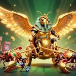 Engaging scene of Nhà cái NEW88 featuring a golden scarab beetle, scorpions, and vibrant casino-themed elements.