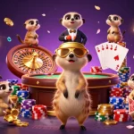 Experience excitement and wins at OPEN88 with dynamic casino meerkat characters expertly managing games in a vibrant setting.