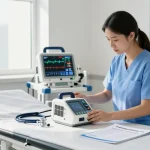 Examining defibrillator cost in a modern medical facility with healthcare professional and equipment.