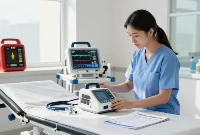 Examining defibrillator cost in a modern medical facility with healthcare professional and equipment.
