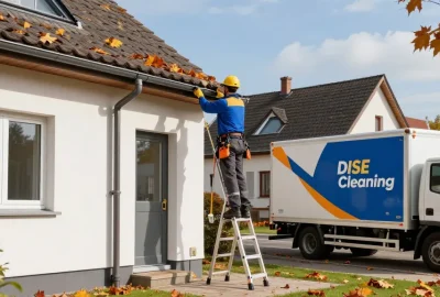 Dachrinnenreinigung Firma in Dortmund reinigt die Dachrinnen eines Wohnhauses unter Sonnenlicht, mit einem Techniker auf einer Leiter und herbstlichen Blättern im Hintergrund.