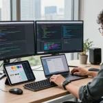 Developer immersed in coding for NAGA2000 in a high-tech workspace