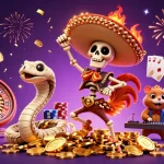 Spin and win at OPEN88 with an exciting scene of vibrant characters celebrating gambling victories amidst golden coins and confetti.