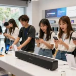 Explore the latest tech at https://hanadultalk.com with vibrant sound devices showcased in an engaging shopping scene.