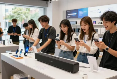 Explore the latest tech at https://hanadultalk.com with vibrant sound devices showcased in an engaging shopping scene.