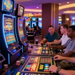 Mesin slot yang menarik dengan pemain terlibat dalam permainan di kasino.