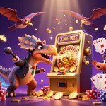 Fashion trends highlight exciting casino action with a pachycephalosaurus gaming on a slot machine.